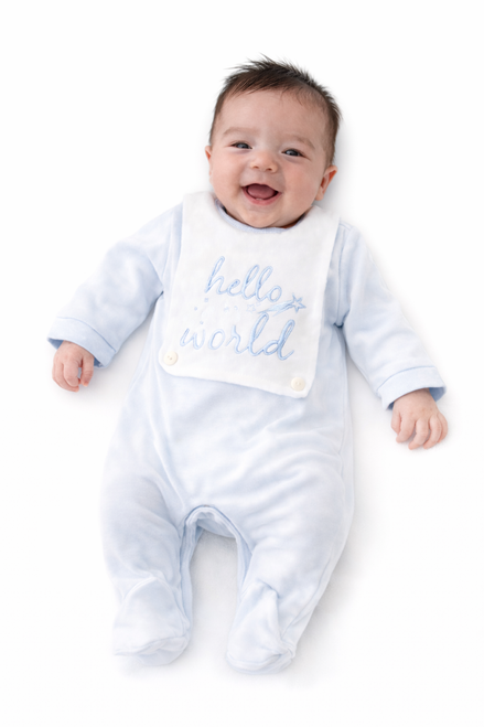 Kinder Boutique Boys Blue Babygrow with Hello World Bib BBKK-05