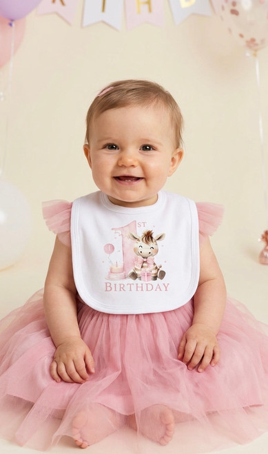 1st Birthday Bib with Cartoon Giraffe - Pink