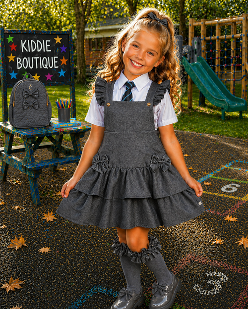 Caramelo Girls Grey School RA-RA Frill Pinafore with Bows 342184.