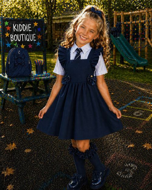 Caramelo Girls Navy School Frill Pinafore with Bow 342142.