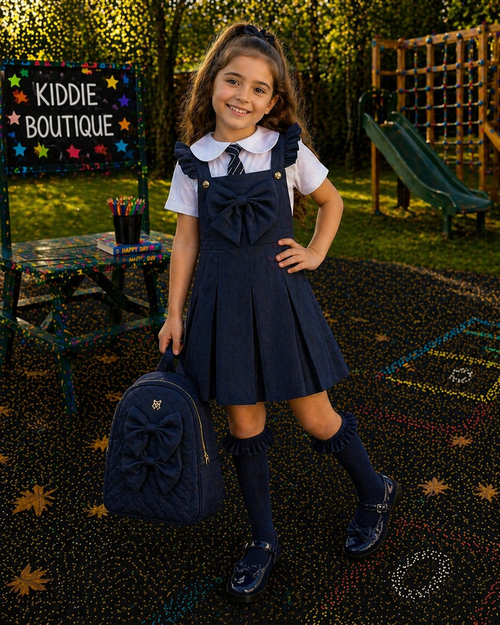 EXCLUSIVE Caramelo Girls Navy School Pleated Pinafore with Bow 342188.