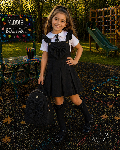 EXCLUSIVE Caramelo Girls Black School Pleated Pinafore with Bow 342188.