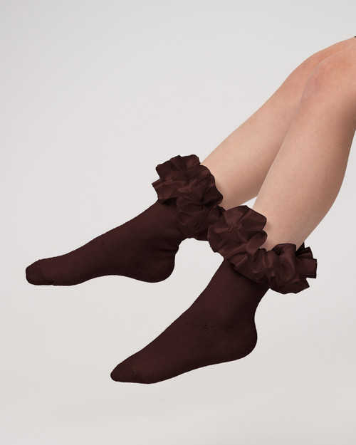 Caramelo Brown Ruffle ribbon Ankle socks 049