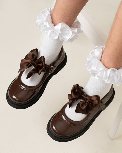 Caramelo Girls Brown Patent School Shoes with Satin Bow 377101.