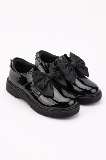 Caramelo Girls Black Patent Full School Shoes with Bow 377109