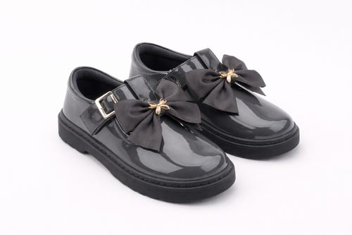Caramelo Girls Grey Patent School Shoes with Large Bow 377108