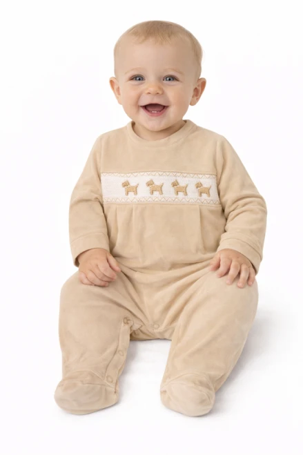 Nursery Time Babys Beige Velour All-in-One with Smocking & Puppy Dog Embriodery BW13-415