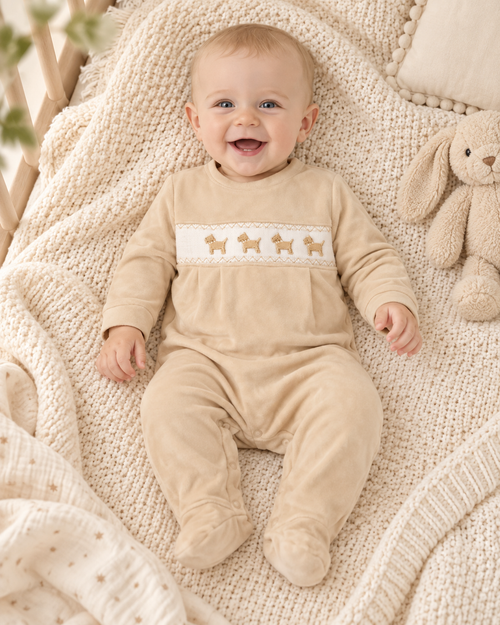 Nursery Time Babys Beige Velour All-in-One with Smocking & Puppy Dog Embriodery BW13-415