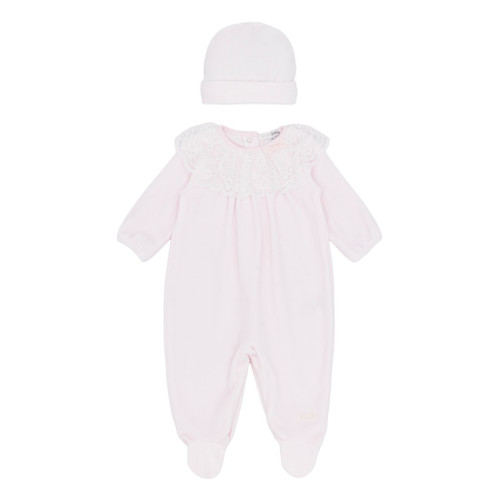 Blues Baby Girls Pink velour All In One And Hat BB3120