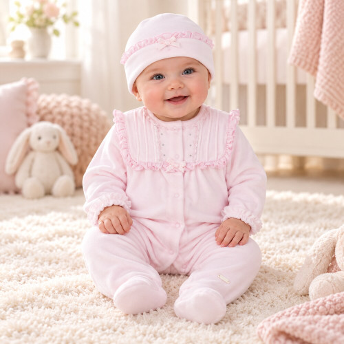 Blues Baby Girls Pink velour All In One With Hat BB3119