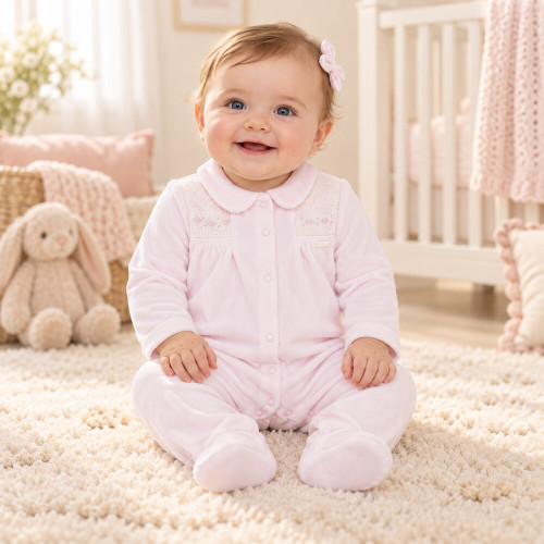 Blues Baby Girls Pink smocked Velour All In One BB3102P