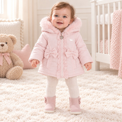 Blues Baby Girls Pink Coat With Fur Hood BB3254