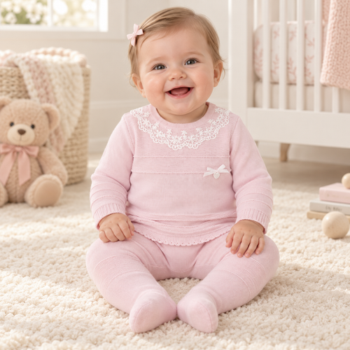 Blues Baby Girls Pink Knitted Top and Legging Set With Feet BB3149
