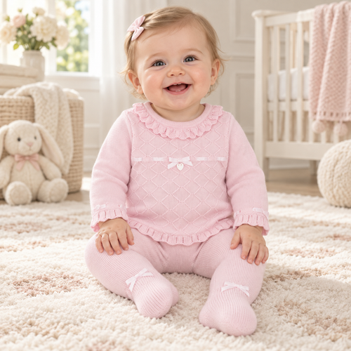 Blues Baby Girls Pink Knitted 2 Piece Set With Feet BB3143
