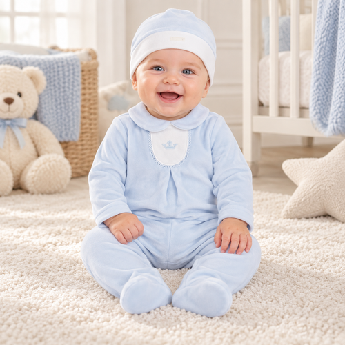 Blues Baby Blue Velour All in One With Hat BB3105B