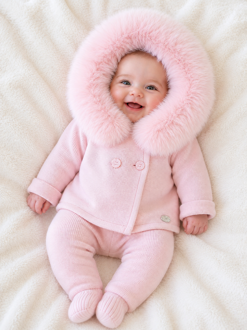 Martin Aranda 018-10322 Knitted Coat With Faux Fur Trim Hood - Pink