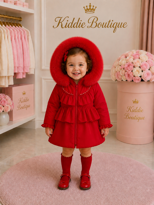 Kinder Boutique Red Stella Winter Coat with Fur & Sparkle Detail
