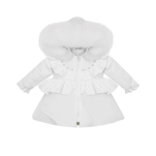 Kinder Boutique White Stella Winter Coat with Fur & Sparkle Detail