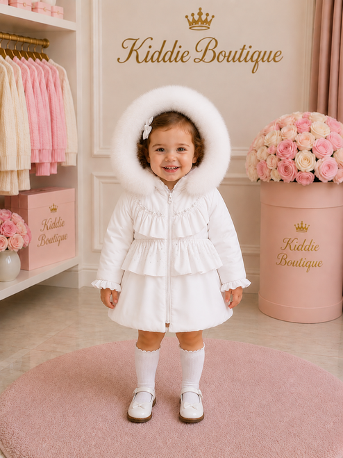Kinder Boutique White Stella Winter Coat with Fur & Sparkle Detail