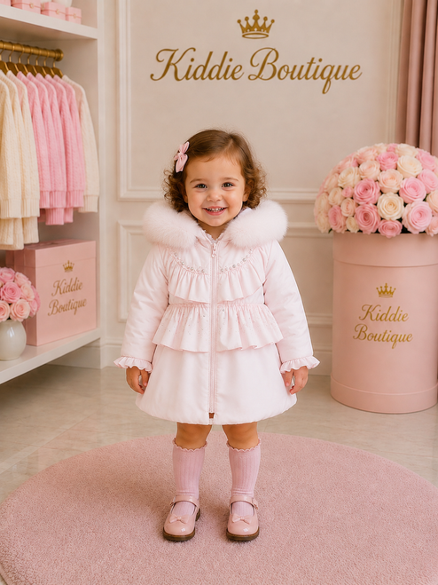 Kinder Boutique Pink Stella Winter Coat with Fur & Sparkle Detail