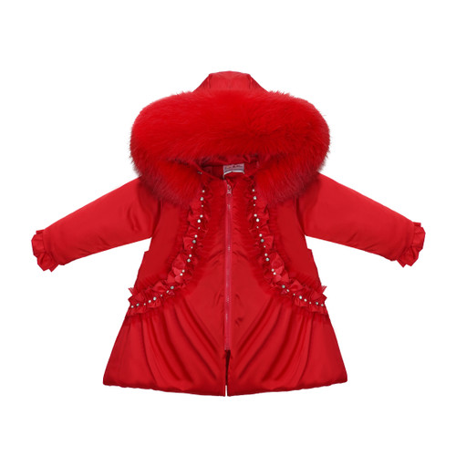Kinder Boutique Red Alana Winter Bow Coat with Fur & Sparkle Detail