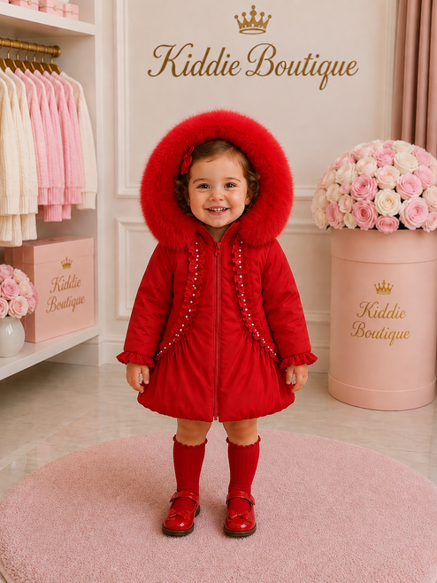 Kinder Boutique Red Alana Winter Bow Coat with Fur & Sparkle Detail