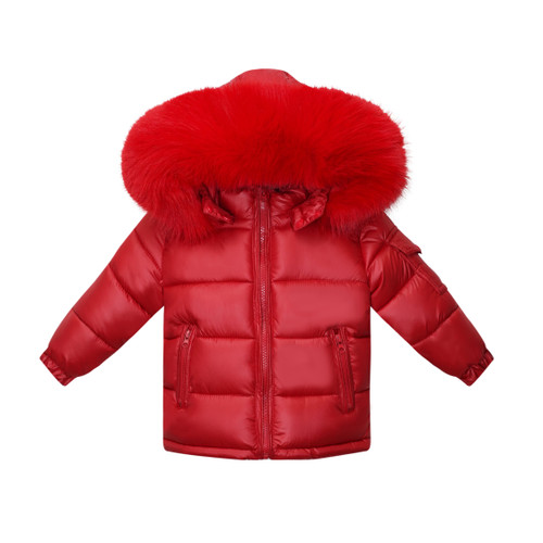 Kinder Boutique Red Dani Winter Coat with Fur Hood Detail