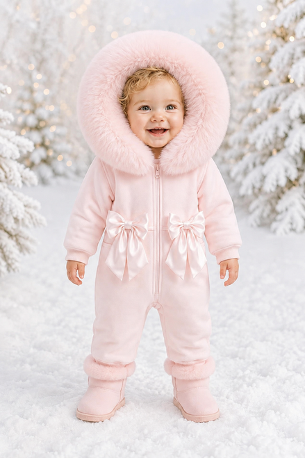 Kinder Boutique Jessica Faux Fur Hood All in One with Bows - Pink