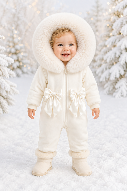 Kinder Boutique Jessica Faux Fur Hood All in One with Bows - Cream