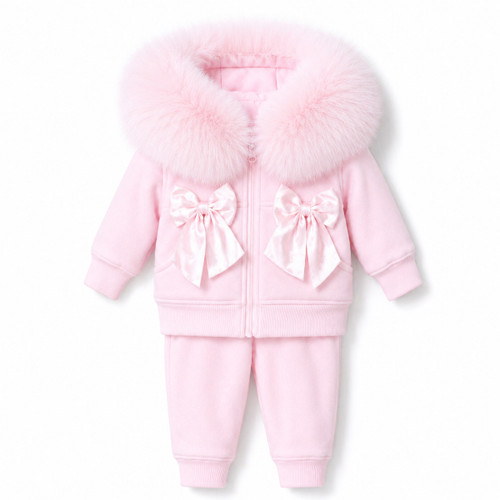 Kinder Boutique Rebecca Faux Fur Hood 2 Piece set with Bows - Pink