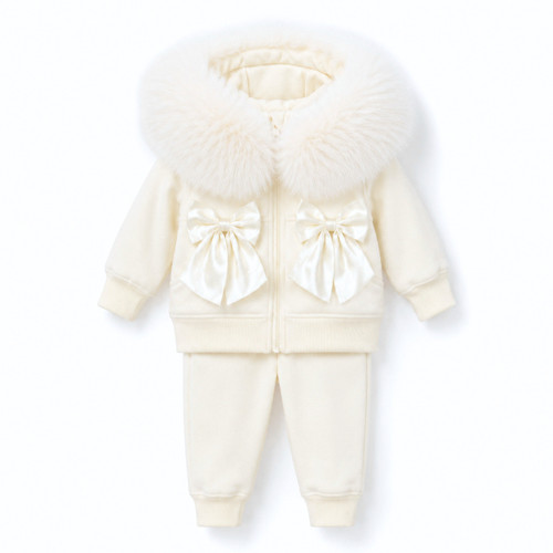 Kinder Boutique Rebecca Faux Fur Hood 2 Piece set with Bows - Cream