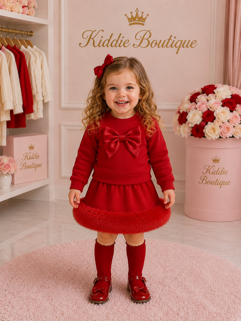 Kinder Boutique Ellie Faux Fur 2 Piece Skirt set with Bow - Red