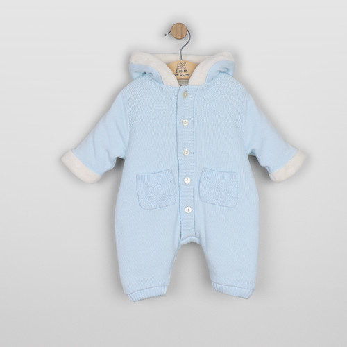 Emile et Rose - Kane Boys Blue Knitted Pramsuit With Fur Trim