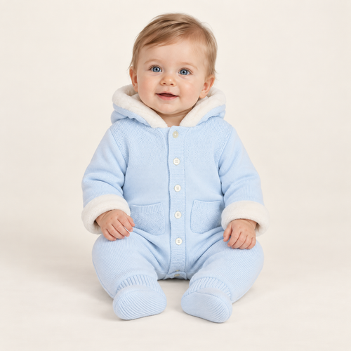 Emile et Rose - Kane Boys Blue Knitted Pramsuit With Fur Trim
