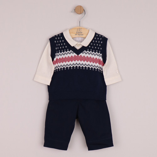 Emile et Rose - Kendrick Boys Navy Traditional 3 Piece Shirt, Fairisle Tank Top & Trouser Set