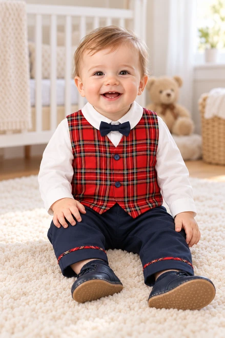 Emile et Rose - Campbell Navy Boys Trousers & Tartan Waistcoat Outfit