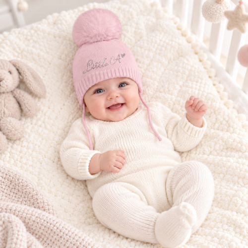 Little A Pink Knitted Pom Pom Hat - Diamond (LA26316)