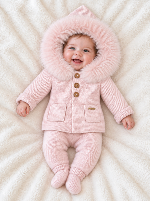 Martin Aranda 018-10331 Knitted Coat With Faux Fur Trim Hood - Pink