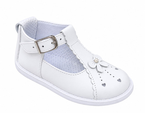 PEX Girls White Bianca T-Bar Shoe with Bow & Heart Detail