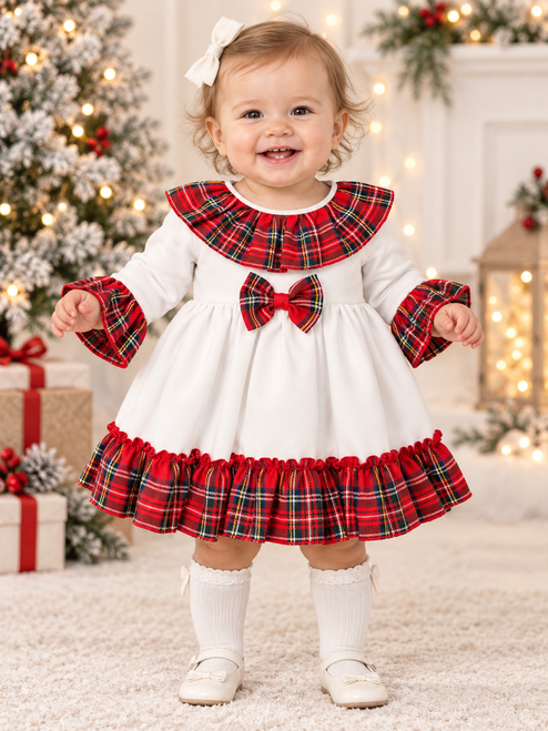 Kinder Boutique White/Red Bow Tartan Dress 6060