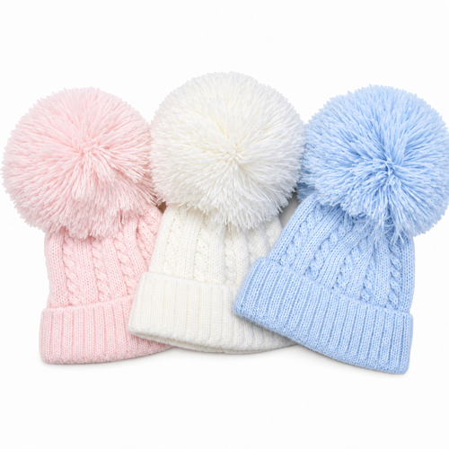 Kinder KH017 Newborn Cable Knitted Hat with Large Pom - Pink