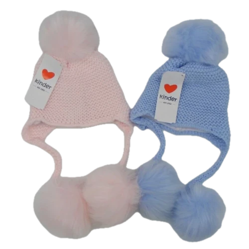 KINDER BOUTIQUE HAND KNITTED LOOK LINED 3 POM HAT - SINGLES BLUE KH043