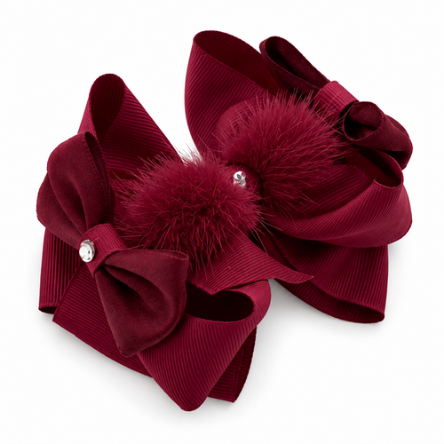 BowDiva Large Hair Bow - Maroon Double fur pom