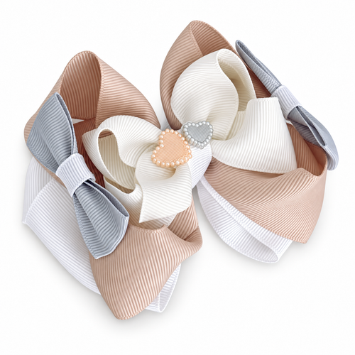 BowDiva Large Hair bow - Beige/White/Grey