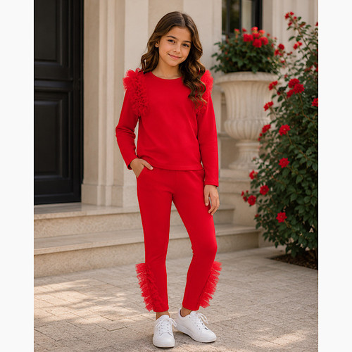 Miss K Red Shoulder Tulle Co-ord Set 2-12 Years