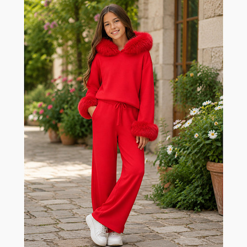 Miss K Girls Red Faux Fur Hooded Lounge Set 3-13 Years LS30099