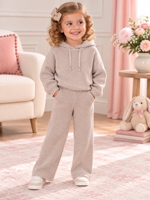Mayoral Girls Beige Knitted 2 Piece Hooded Trouser Set 529