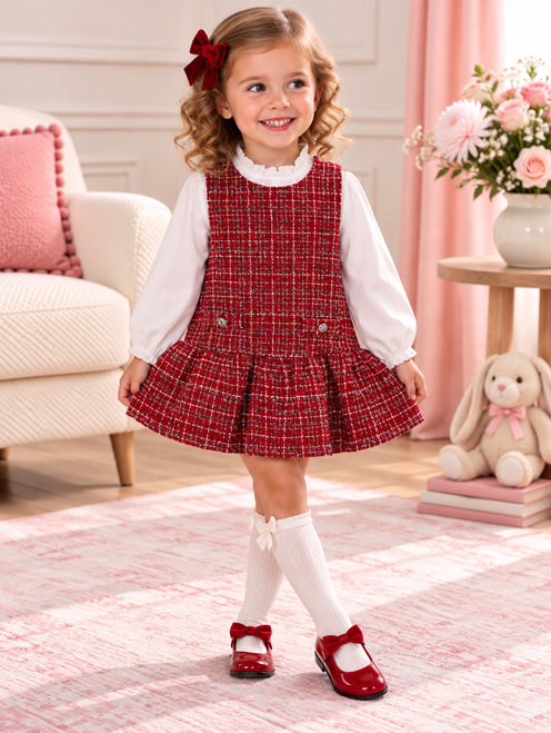 Mayoral Girls Red Pinafore Dress with White Long Sleeve Blouse 929
