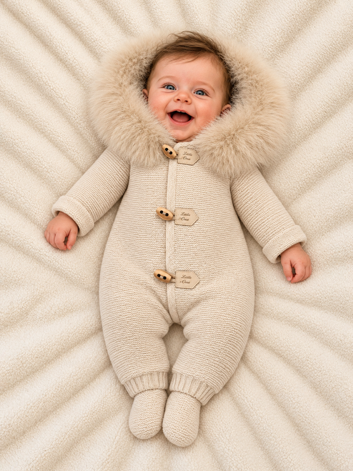 Martin Aranda 028-10321 Knitted Pram Suit with Faux Fur Trim Hood - Beige