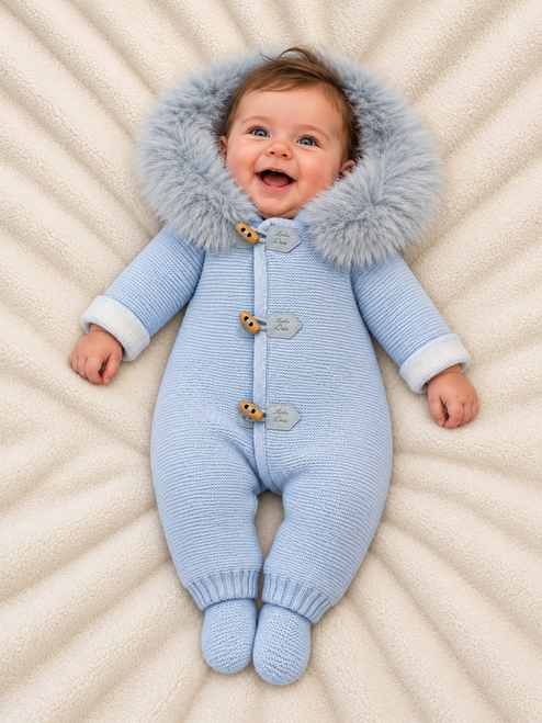 Martin Aranda 028-10321 Knitted Pram Suit with Faux Fur Trim Hood - Blue